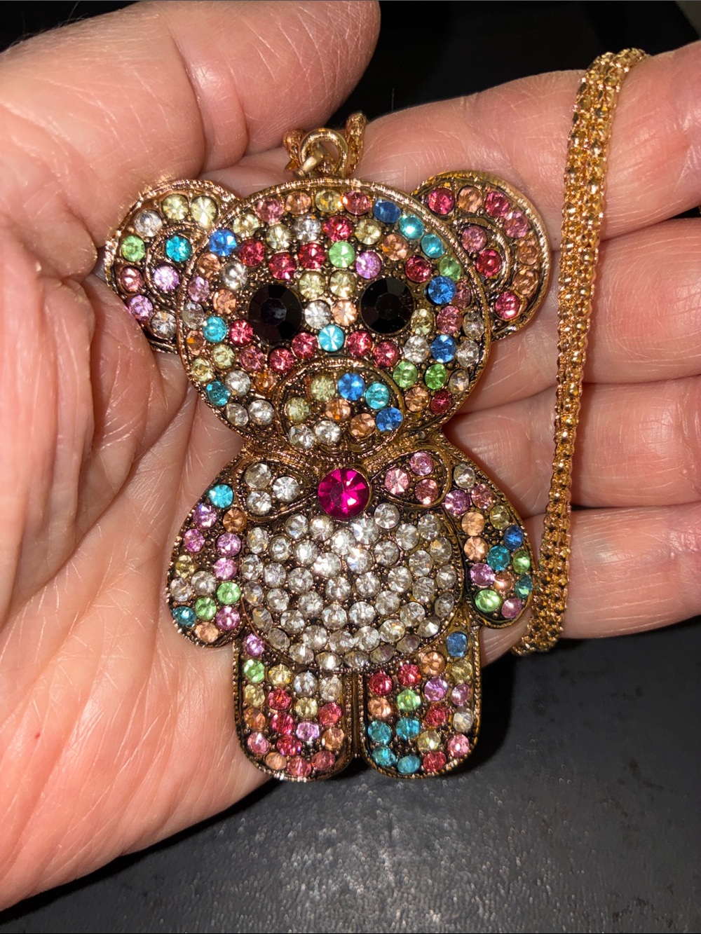 Multicolor Crystal Teddy Bear Pendant Necklace